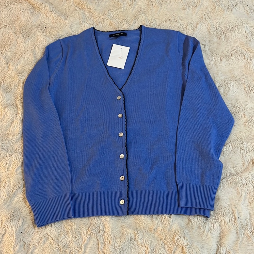Lands End Baby Blue With Black Crochet Trim cardigan sweater Size  S 6-8